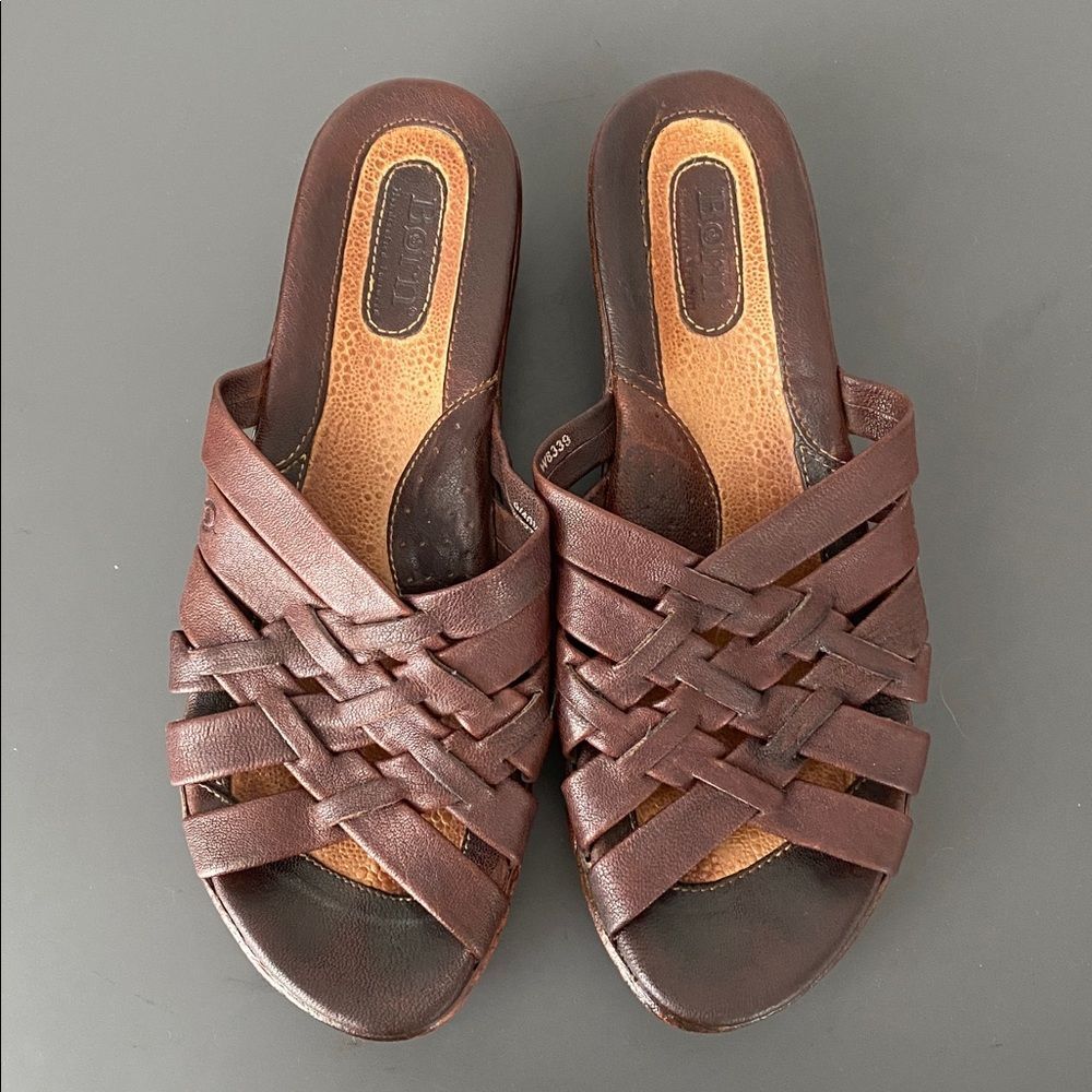 Born "Lola" Woven Burgundy Brown Leather Sandals 7M Boho Cottage Casual Beach